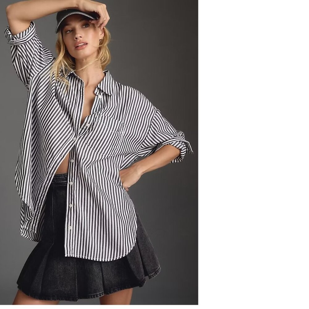 Anthropologie Black and White Striped Button-Up Blouse